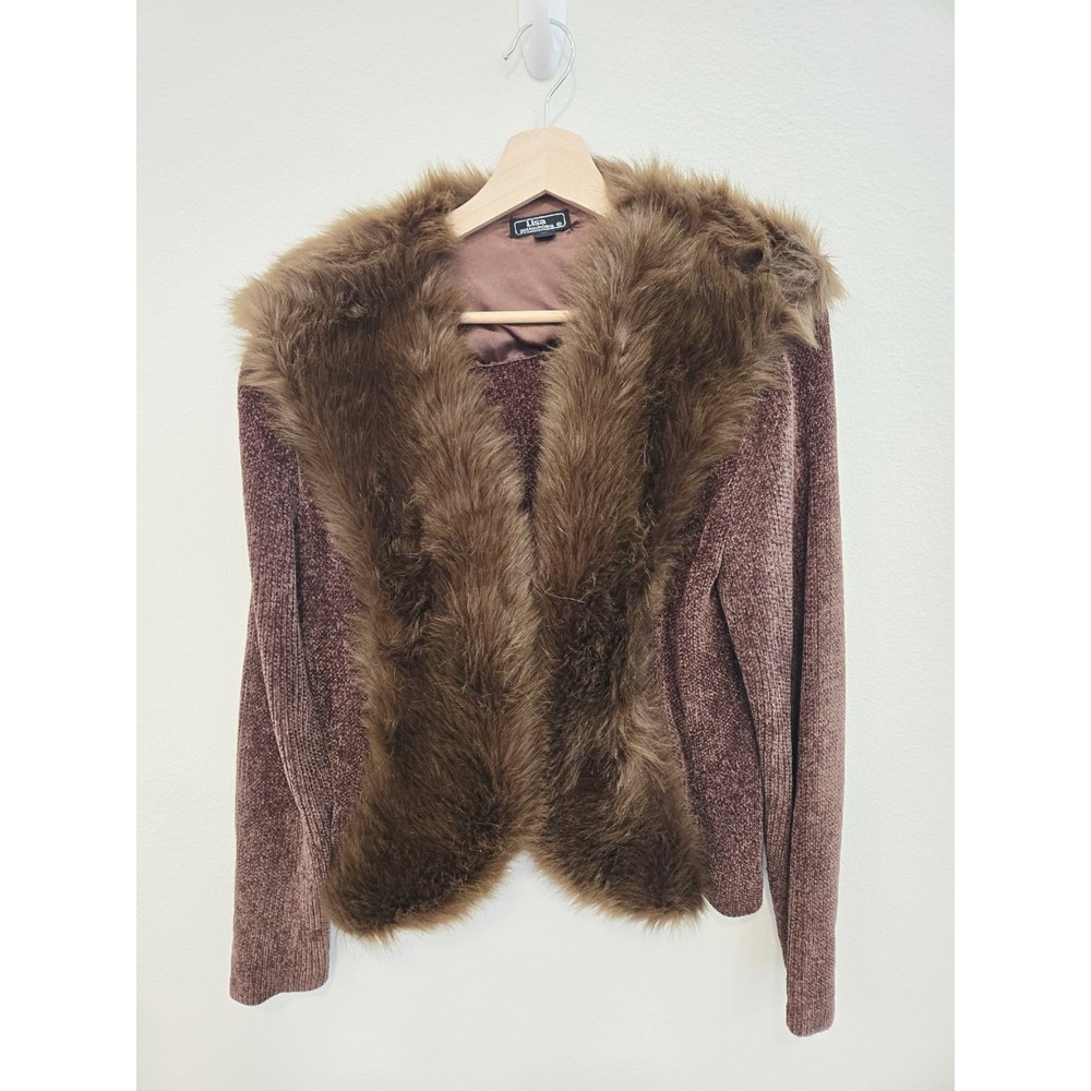 Lisa International Brown Faux Fur Trim Cardigan Y2K Size XL